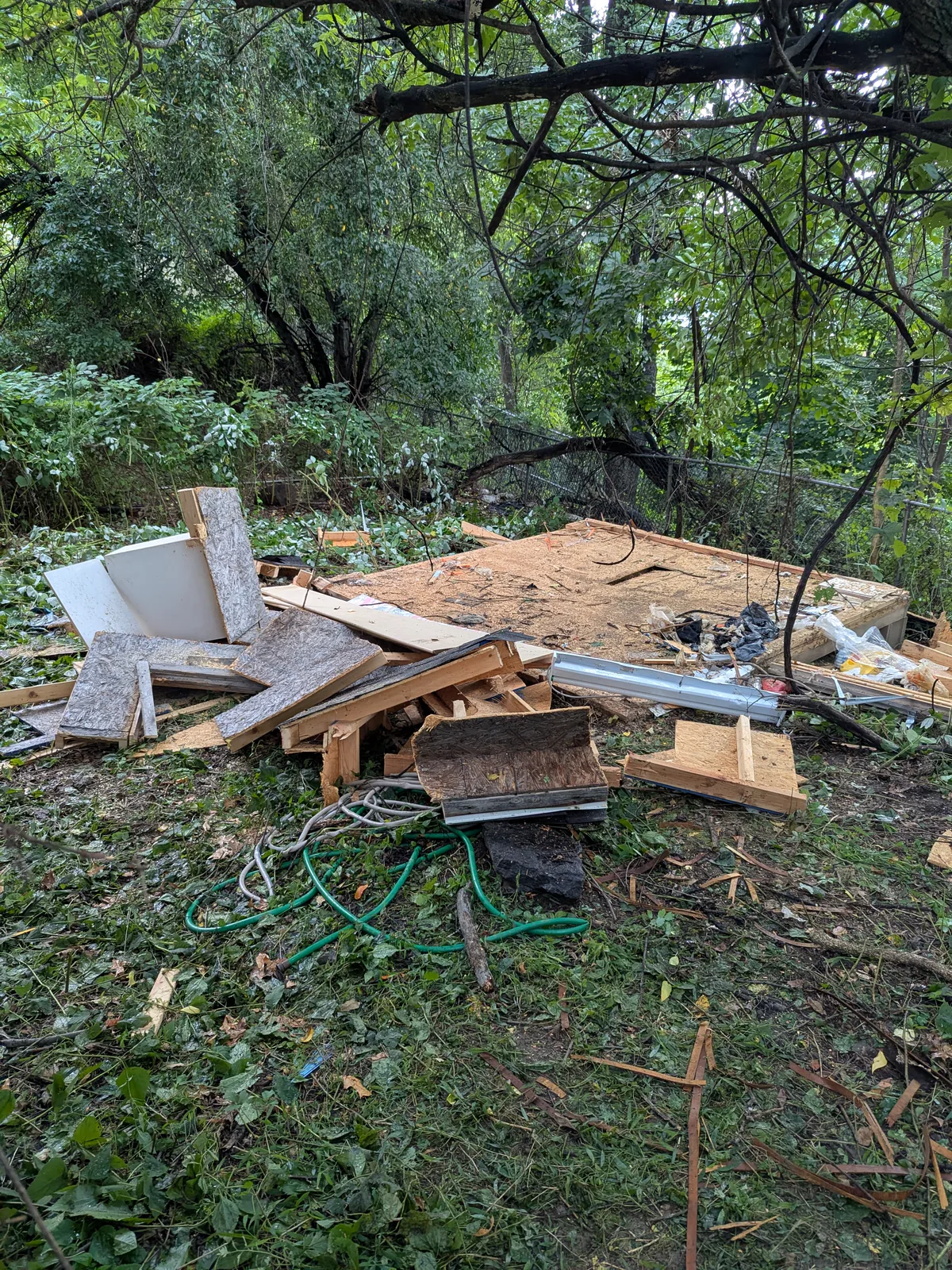 Partially dismantled backyard shed and debris during removal